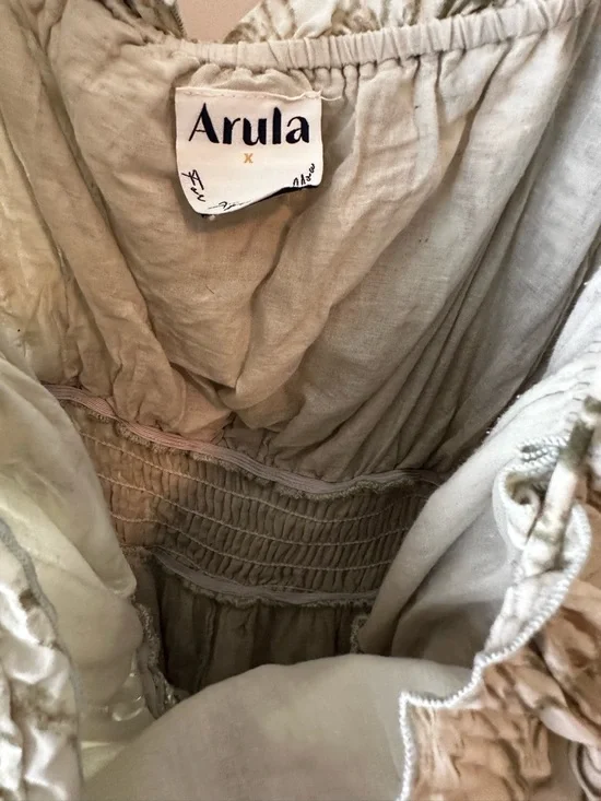 ARULA Olive Green and Cream Marble-Print Smocked Spring Party Flowy Midi Dress - Picture 9 of 10